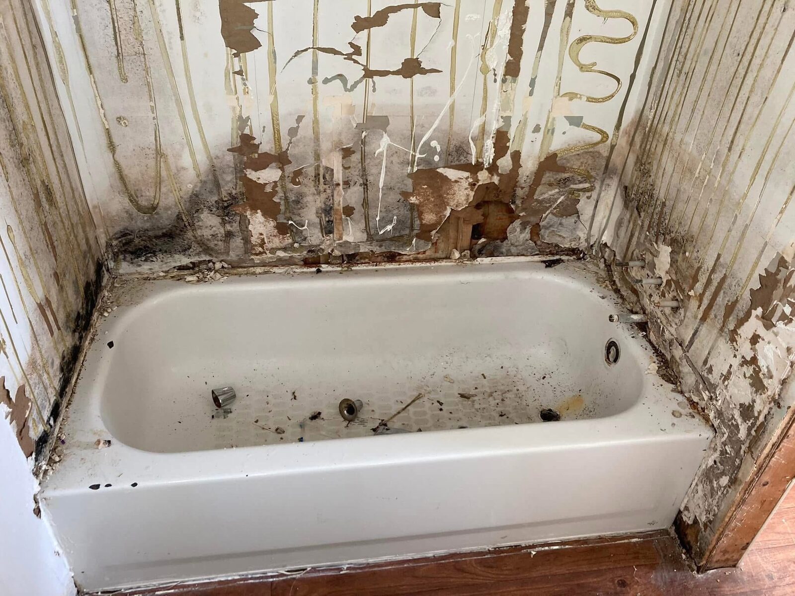 Bathtub before remodel, surrounded by water-damaged walls with peeling paint and mold